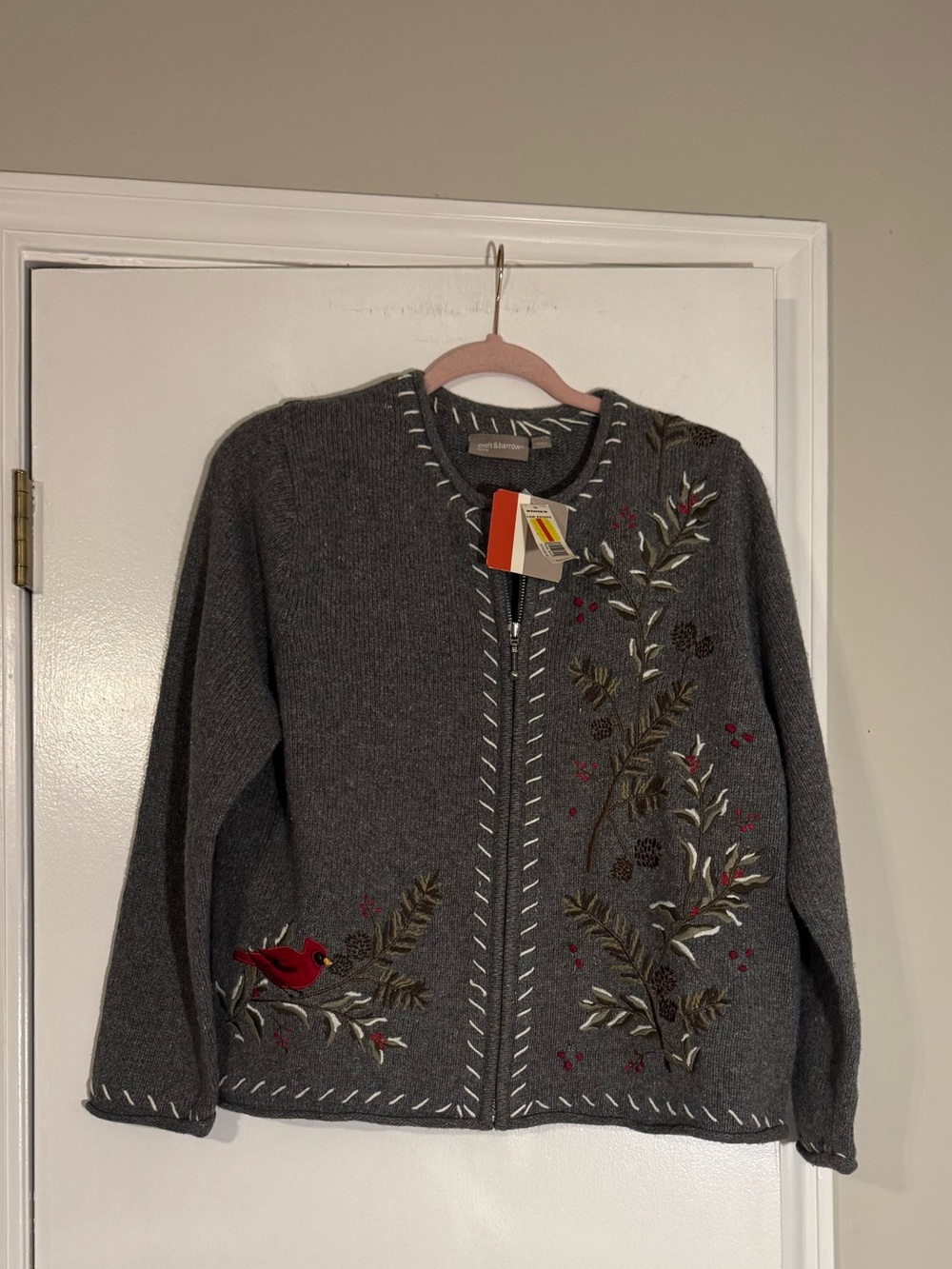 NWT croft & barrow Gray Embroidered Cardigan w Red Cardinal Accent Granny Core